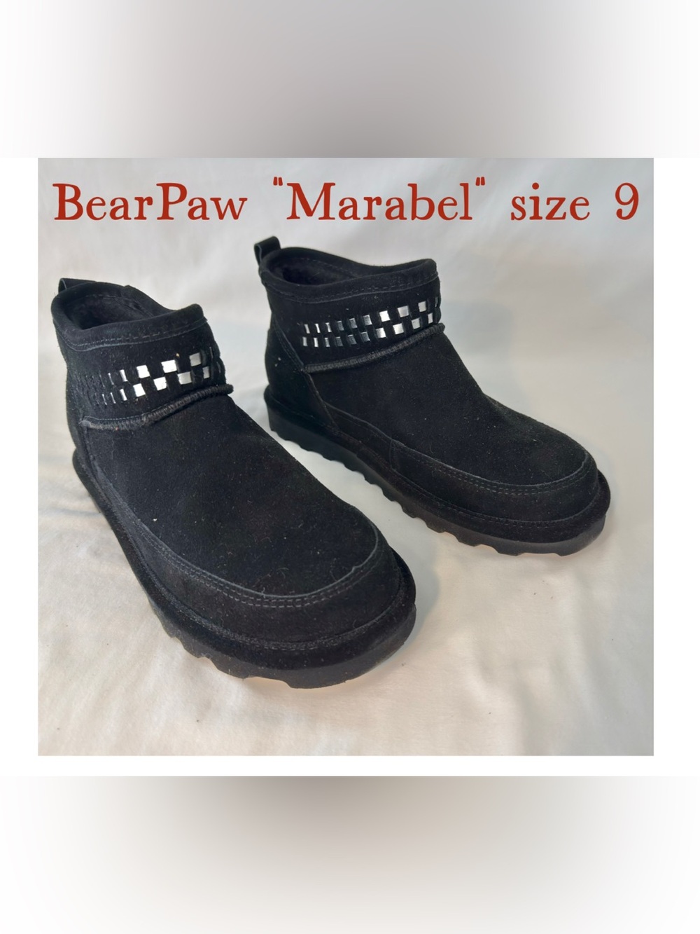 BearPaw “Marabel” Black Suede Ankle Boots with Stud Accent
